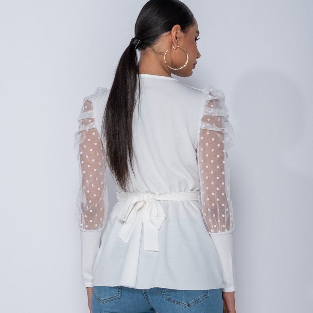 White Long Polka Dot Sleeve V-Neck Belted Blouse - Picture 5 of 7